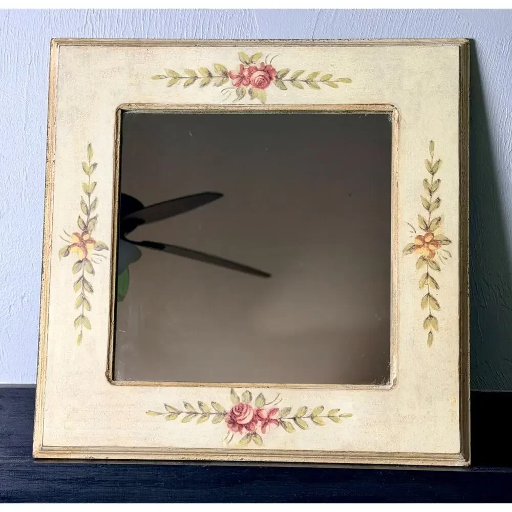 Vintage Hand-Painted Rose Floral Mirror, Cottagecore Shabby Chic Wall Decor